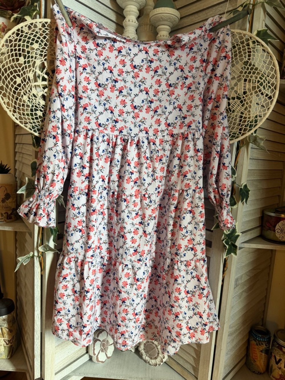 Girls' Pink Floral Tiered Long-Sleeve Dress